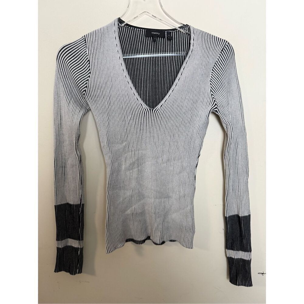 Theory Optic Stripe Prosecco Rib Knit V Neck Long Sleeve Sweater Size Small Body